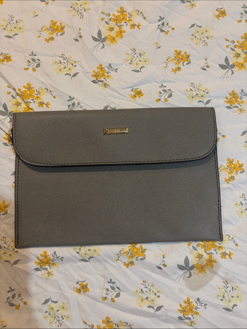 Gray Saffiano Envelope Clutch with Gold Plaque